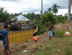 TRUK PENGANGKUT PAKAN AYAM TERGULING DI BABEKO